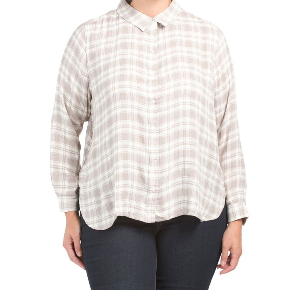 Lucky Brand Classic Shirt Womens size 1X Taupe Plaid Long Sleeve Lightweight NEW